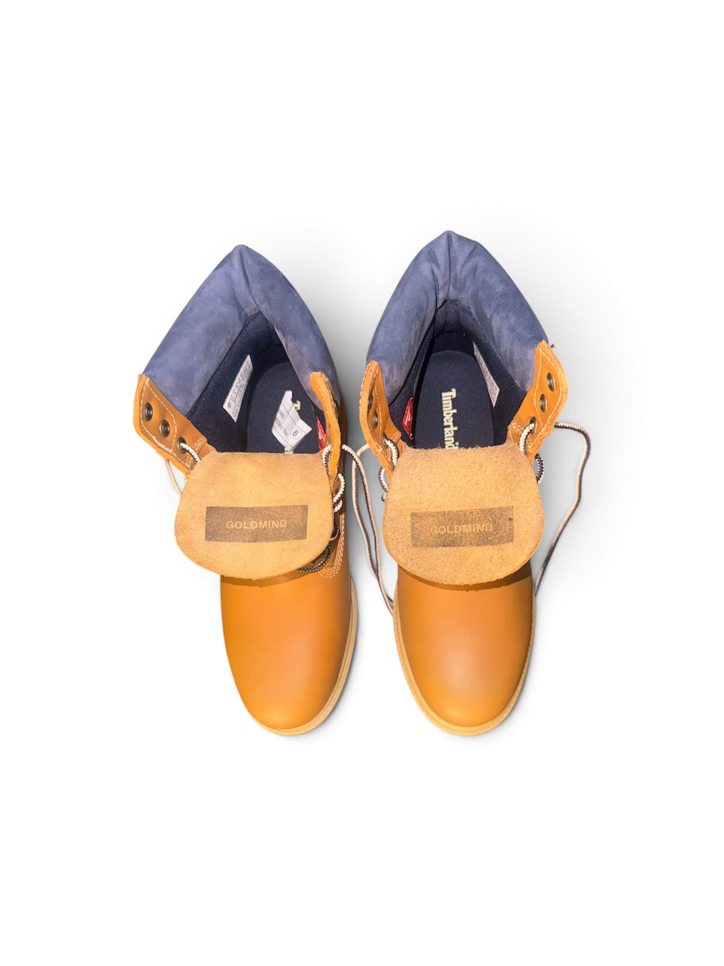 GoldMind x Timberland limited edition butterscotch leather/navy blue suede insulated 6” boots
