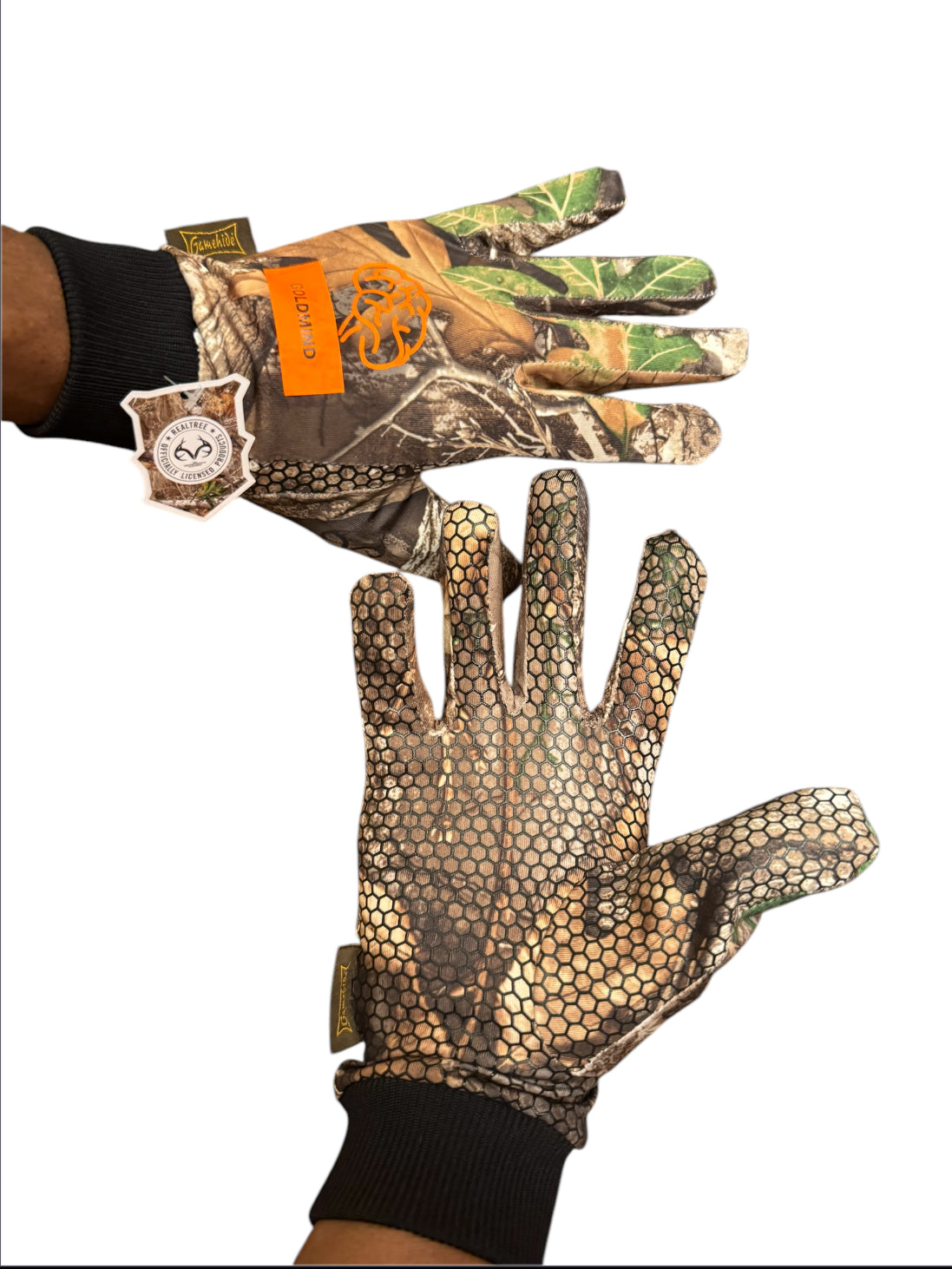 GM Safety Orange on Woods Camo Grip palm Hunting Gloves