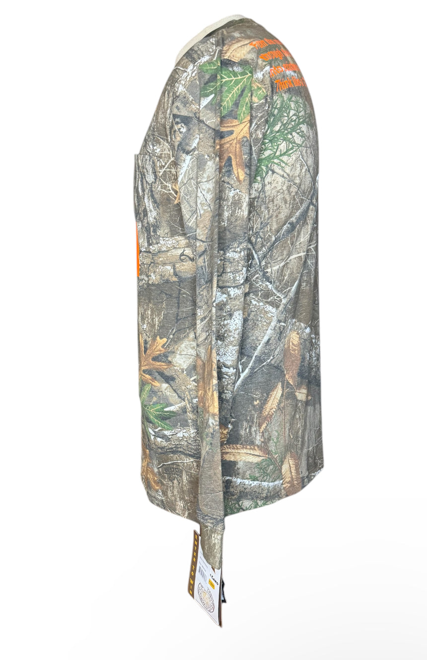 GM Safety Orange on Woods Camo Longsleeve front pocket tshirt