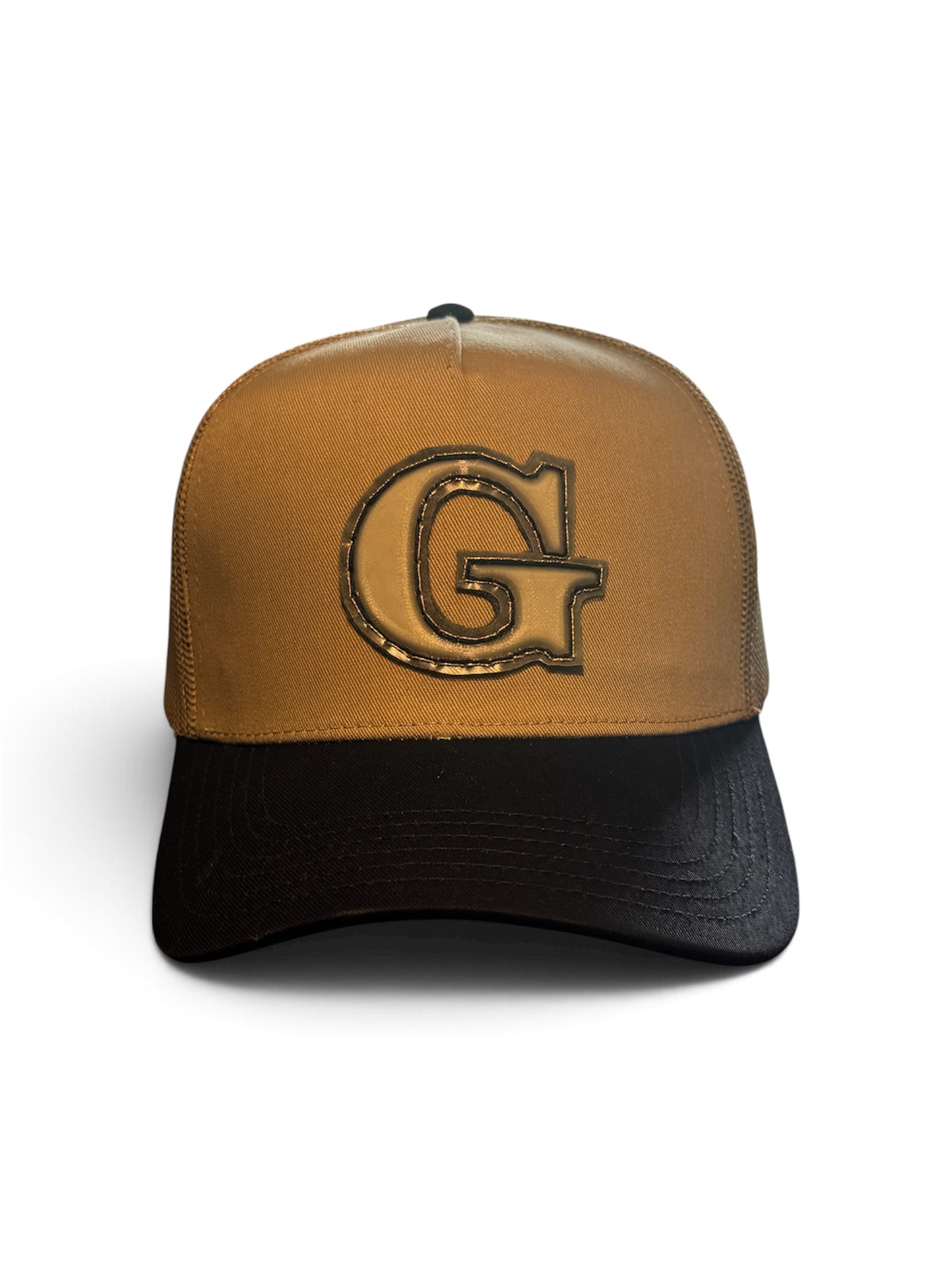 GoldMind Navy/Tan big G patch trucker hat