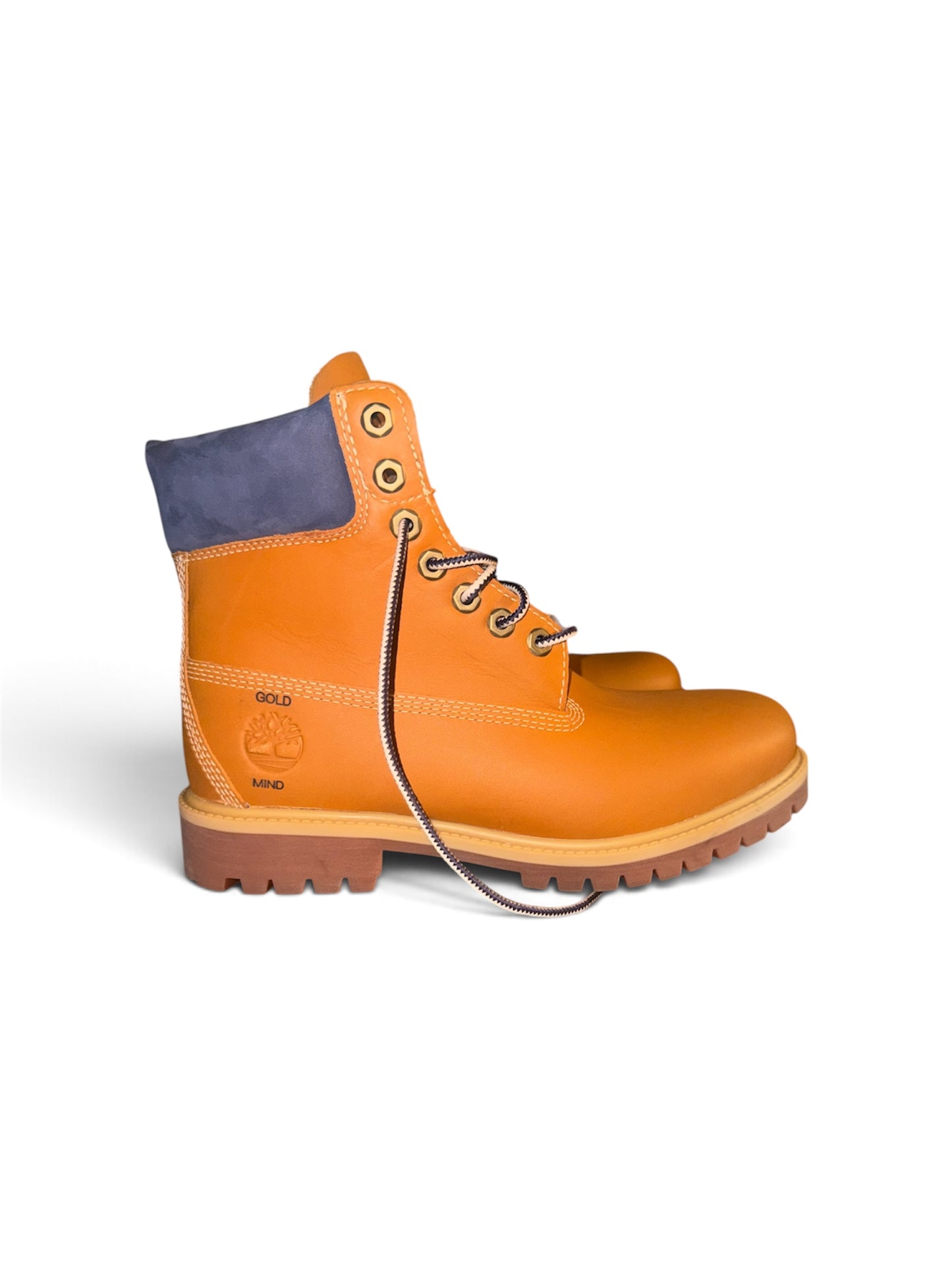 GoldMind x Timberland limited edition butterscotch leather/navy blue suede insulated 6” boots