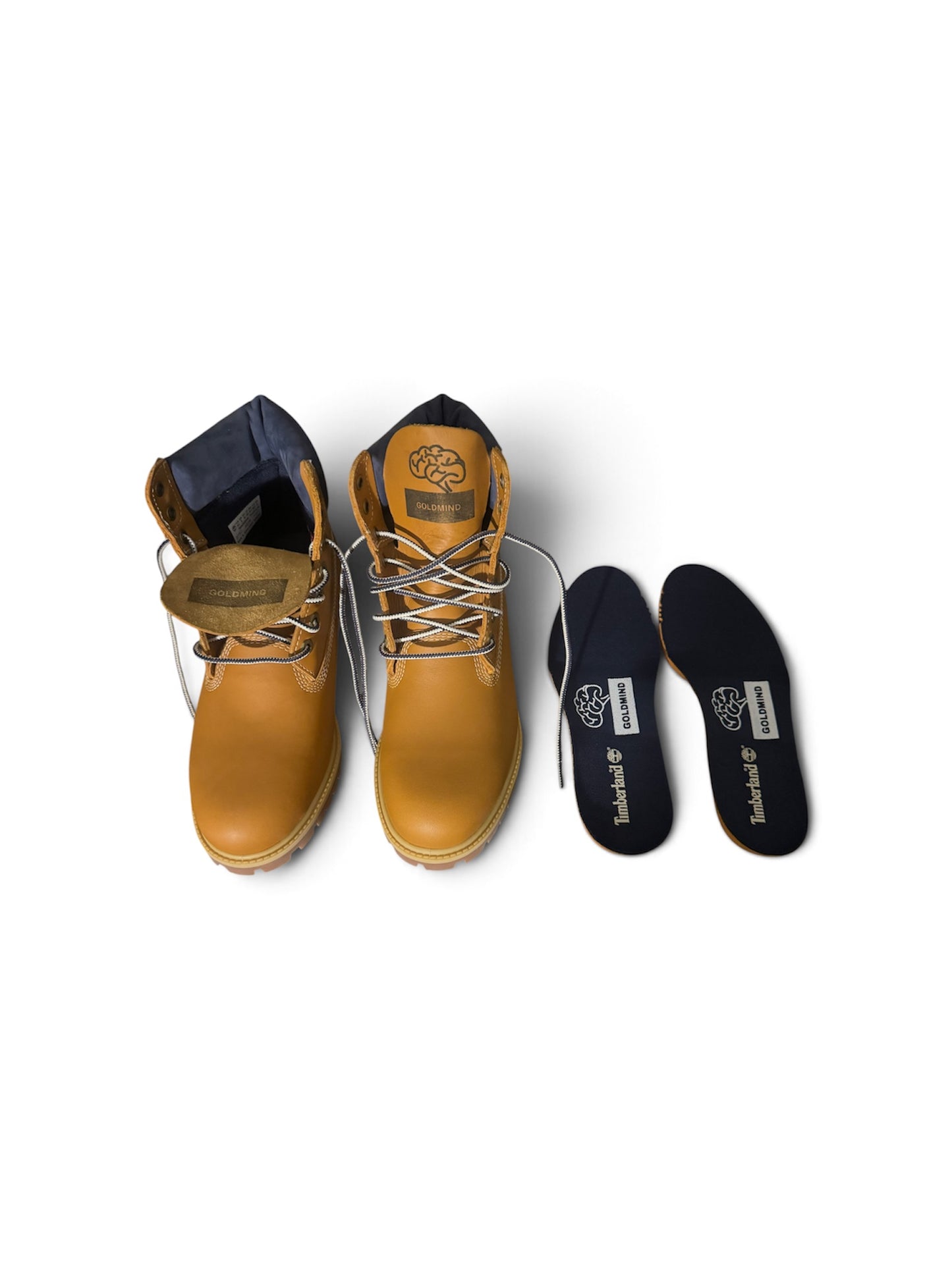 GoldMind x Timberland limited edition butterscotch leather/navy blue suede insulated 6” boots