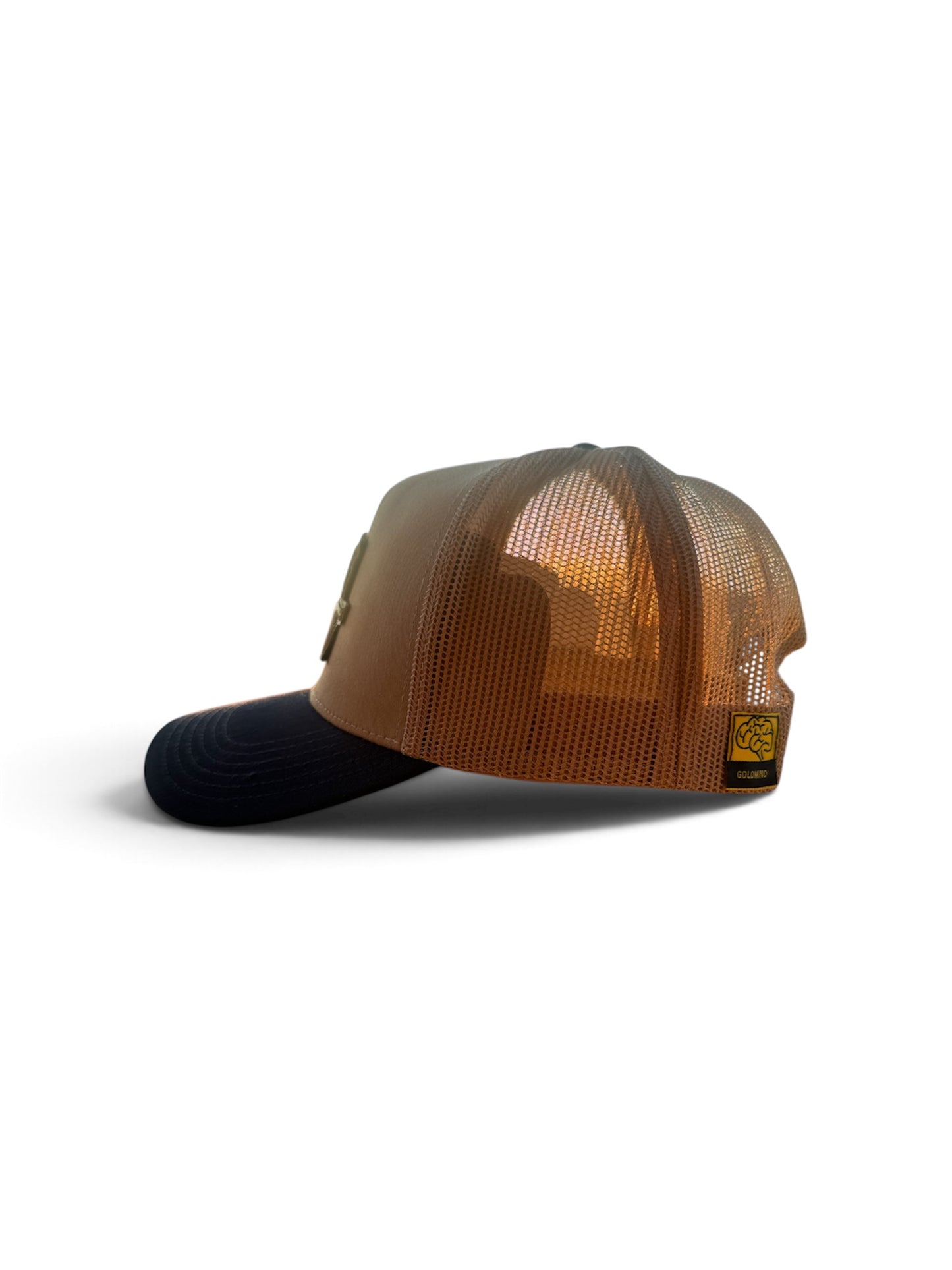 GoldMind Navy/Tan big G patch trucker hat