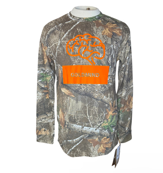 GM Safety Orange on Woods Camo Longsleeve front pocket tshirt